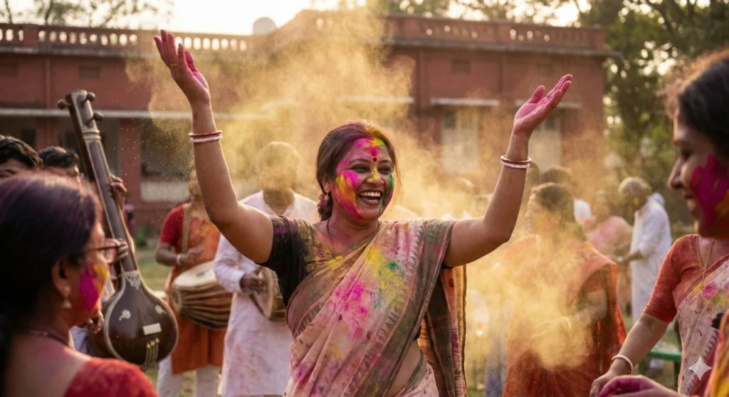 A joyous woman, covered in colorful powder, celebrates with raised arms amidst a cloud of yellow dust during a vibrant festival, with others playing musical instruments in the background.