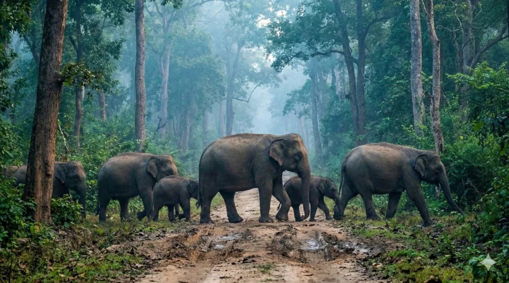 A family of Asian elephants crossing a muddy safari track in Jaldapara National Park, West Bengal, surrounded by dense Sal forest and lush greenery—professional wildlife photography.