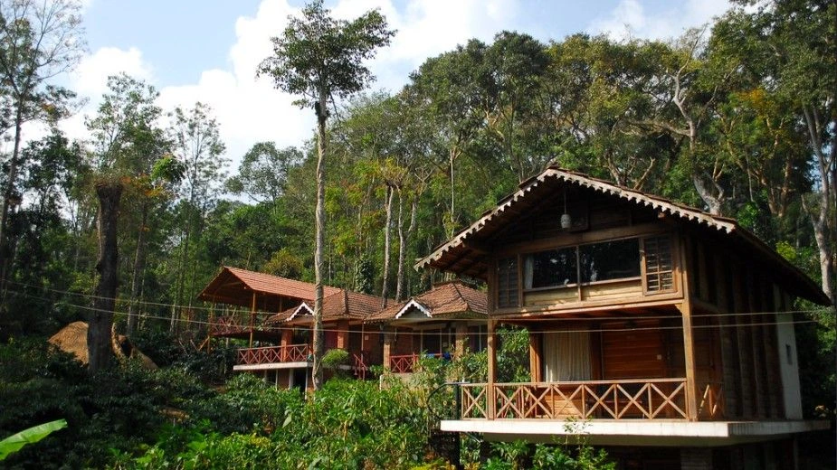 A scenic eco-friendly homestay with wooden cottages surrounded by lush forest greenery - Bhoboghure.in.