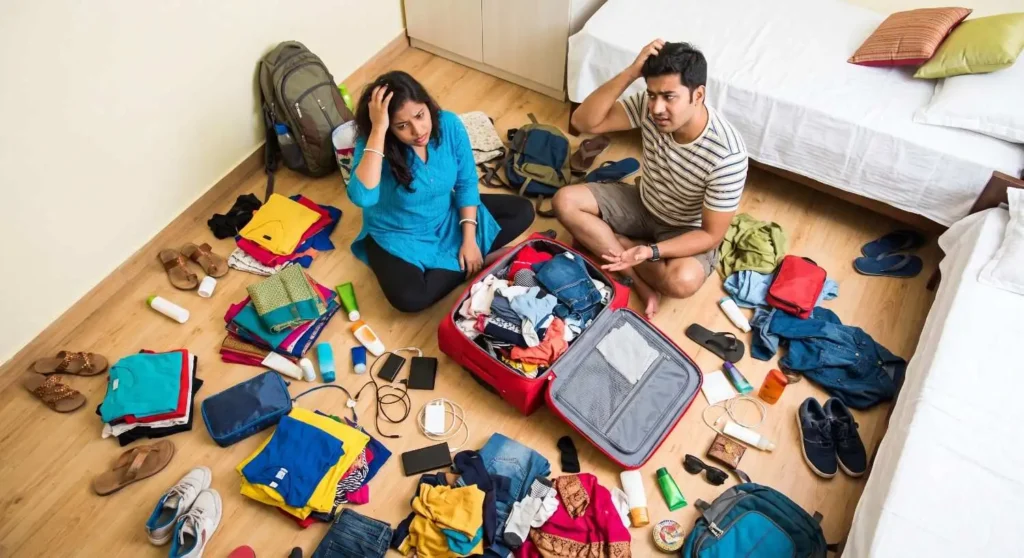 A stressed Bengali couple sitting on a wooden floor surrounded by scattered colorful clothes, trying to pack a red suitcase using the 5-4-3-2-1 travel packing hack with a Travel Packing Checklist.