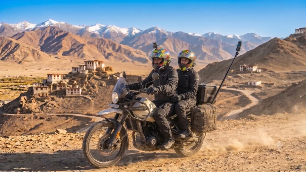 A man and a woman in full riding gear (helmets, jackets, pants) are on a Royal Enfield Himalayan adventure motorcycle heavily loaded with hard panniers, a top box, and a tall rear camera pole with a 360-degree camera. They are on a dusty mountain track in an arid Himalayan landscape with traditional village buildings in the background and snow-capped peaks in the distance. The man is riding, and the woman is the pillion passenger.