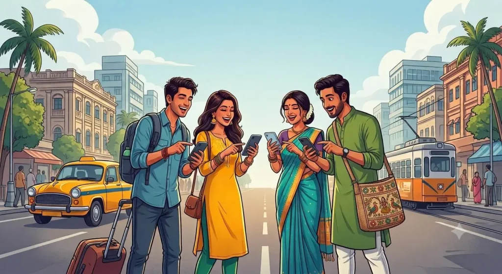 Illustration of young Bengali travelers using smartphone travel apps on a Kolkata street featuring a yellow taxi and tram.