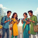 Illustration of young Bengali travelers using smartphone travel apps on a Kolkata street featuring a yellow taxi and tram.