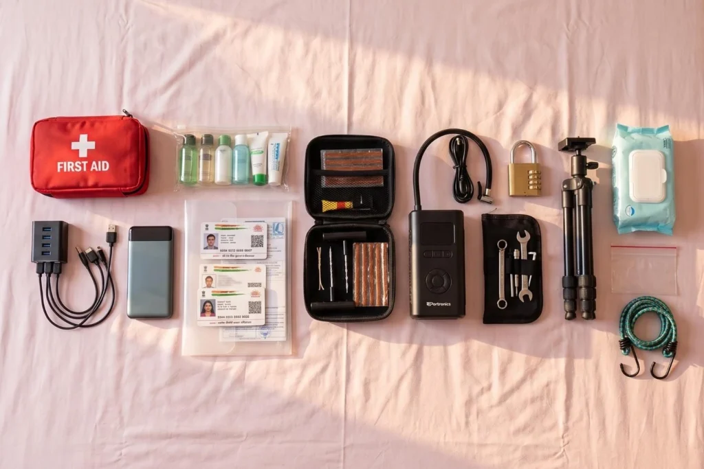 Neatly arranged comprehensive travel and emergency survival kit, including first aid, puncture repair kit, tyre inflator, power bank, tools, Aadhaar cards, and bike documents on a light pink bedsheet.