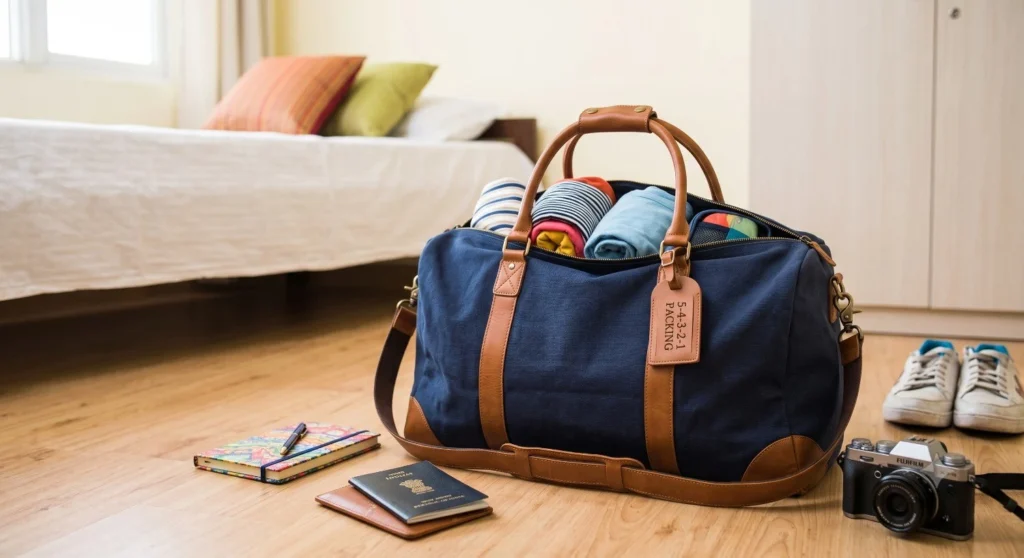 A close-up, professional photograph of a soft navy blue canvas and leather travel duffle bag resting on a wooden floor. The bag is partially open, showing neatly rolled clothes inside, with a small leather tag displaying "5-4-3-2-1" in the background context of a bedroom.
