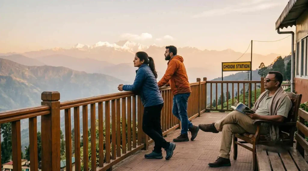 A woman and a man stand at a wooden railing, looking out at a vast, snow-capped Himalayan mountain range during golden hour. A sign nearby reads "GHOOM STATION". A third man sits on a bench to the right, reading a book. The sky is a warm gradient of orange and pink